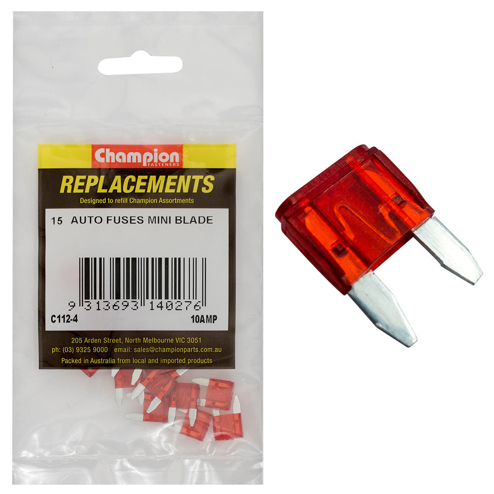 Champion 10Amp Mini Blade Fuse (Red) -15Pk