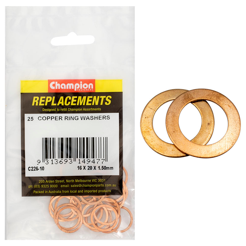 Champion M16 X 20Mm X 1.5Mm Copper Ring Washer -25Pk