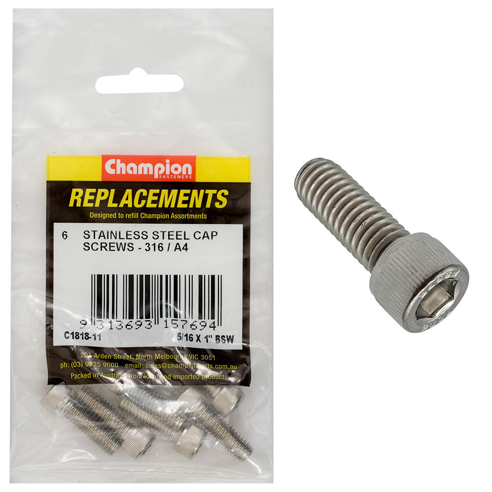 Champion 5/16In X 1In Bsw Socket Cap Screw 316/A4 -6Pk