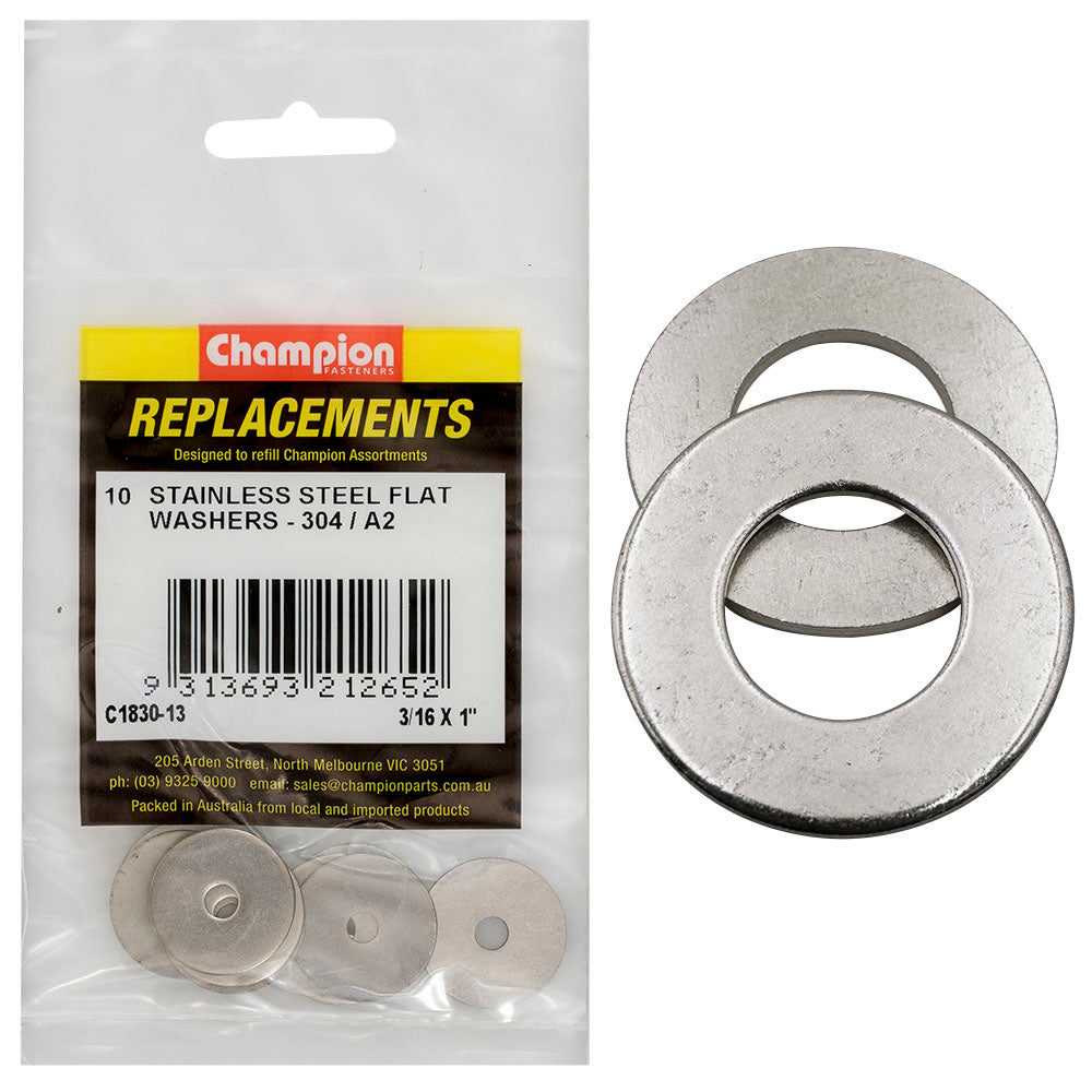 Champion 3/16In X 1In Stainless Flat Washer 304/A2 -10Pk