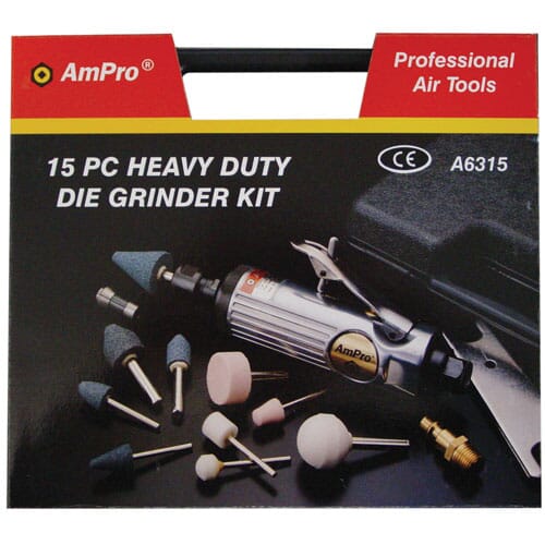Ampro Air Die Grinder Kit With 6Mm Collet 1/4"Dr 15Pc