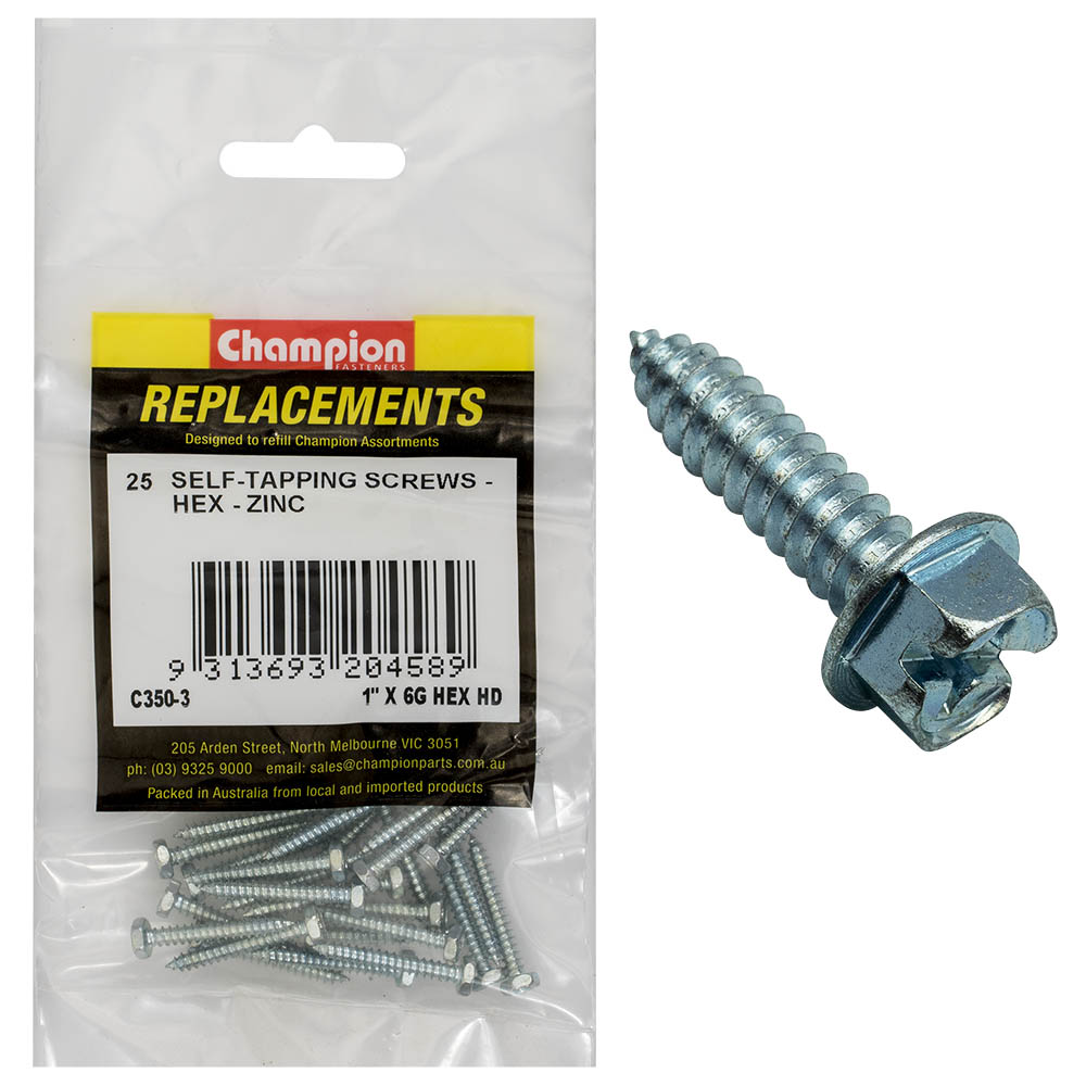 Champion 6G X 1In S/Tapping Screw Hex Head Phillips -25Pk