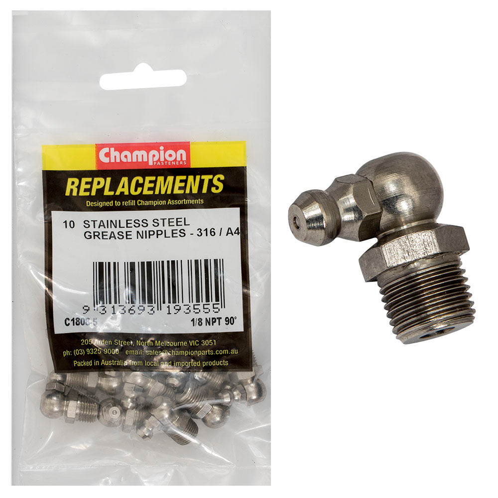 Champion Grease Nipple Stainless 1/8In Npt 90Deg.316/A4-10Pk