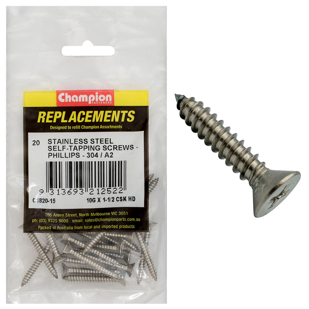 Champion 10G X 1-1/2In S/Tapping Screw Csk Hd Ph 304/A2-20Pk