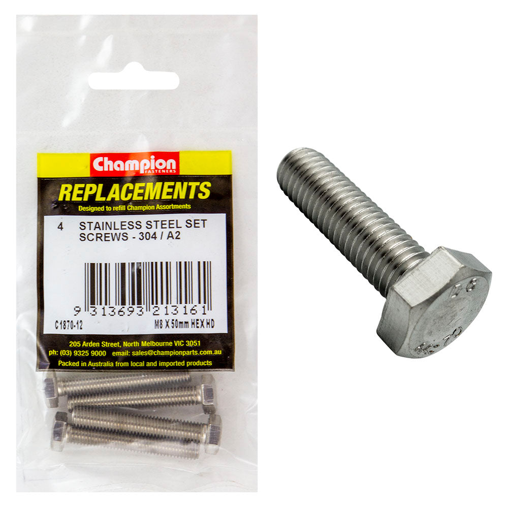 Champion M8 X 50Mm Stainless Set Screw 304/A2 -4Pk