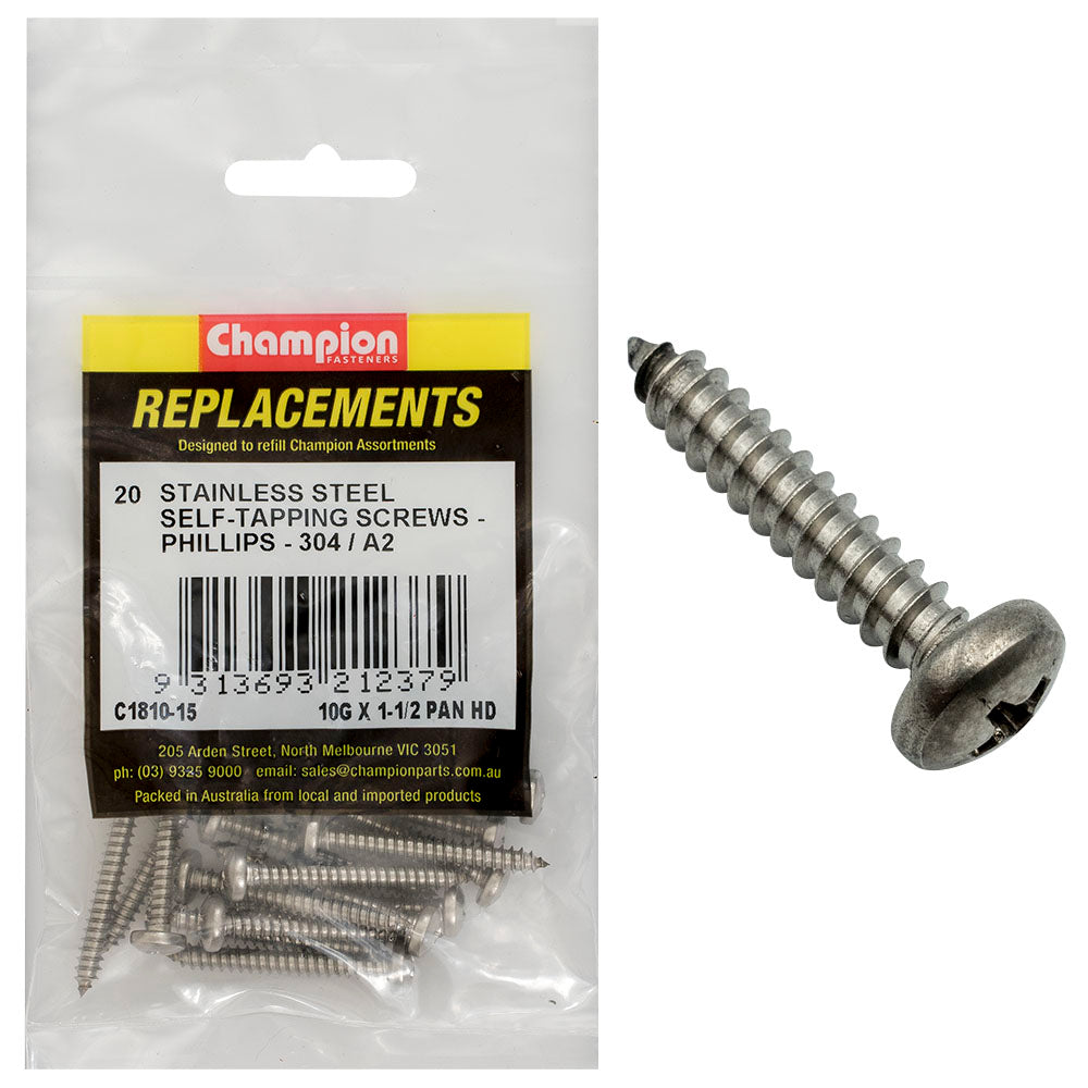 Champion 10G X 1-1/2In S/Tapping Screw Pan Hd Ph 304/A2-20Pk