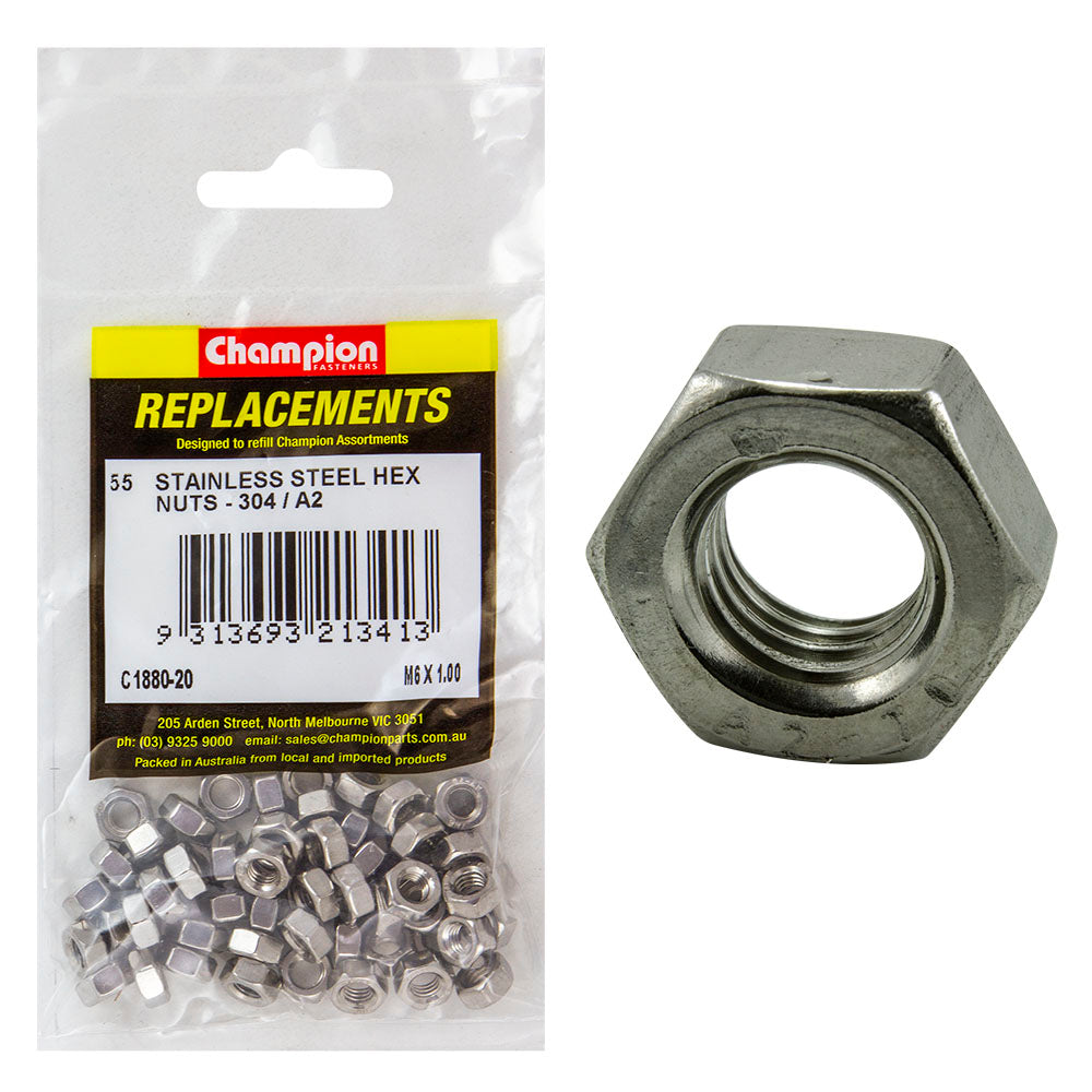 Champion M6 X 1.00 Stainless Hex Nut 304/A2 -55Pk