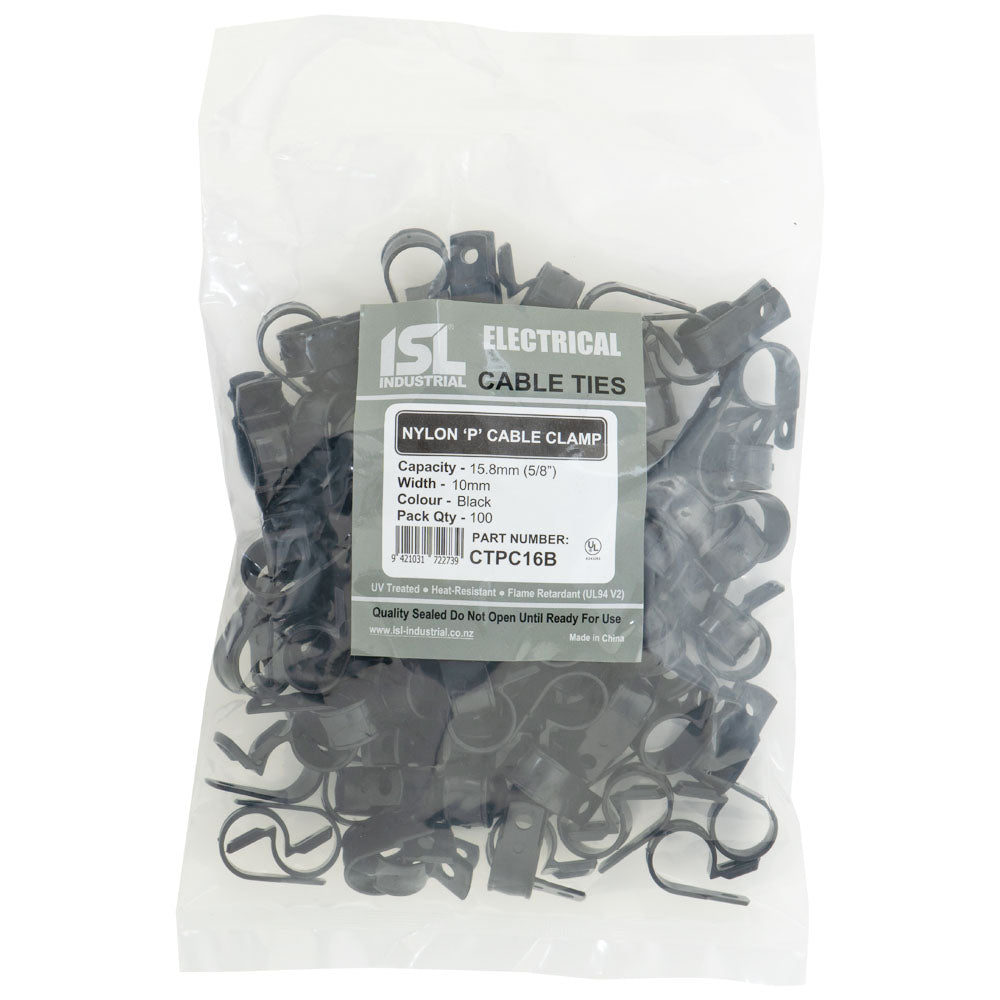 ISL Nylon 'P' Cable Clamp 16mm - Black - 100pk