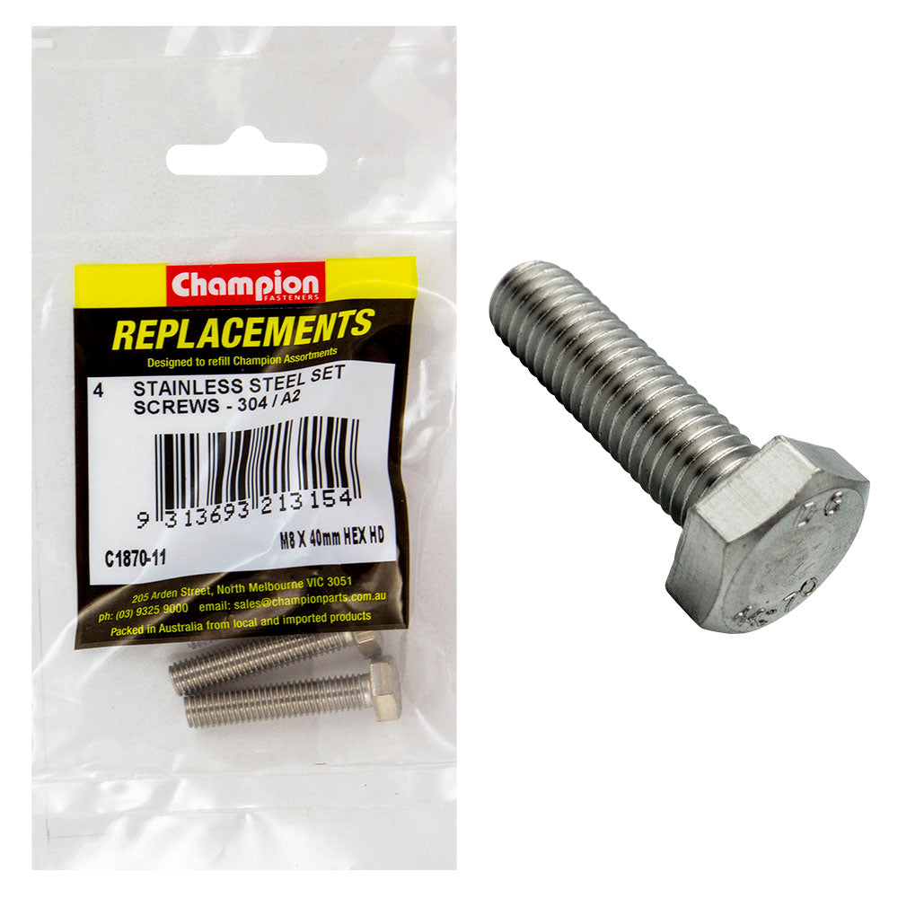 Champion M8 X 40Mm Stainless Set Screw 304/A2 -4Pk