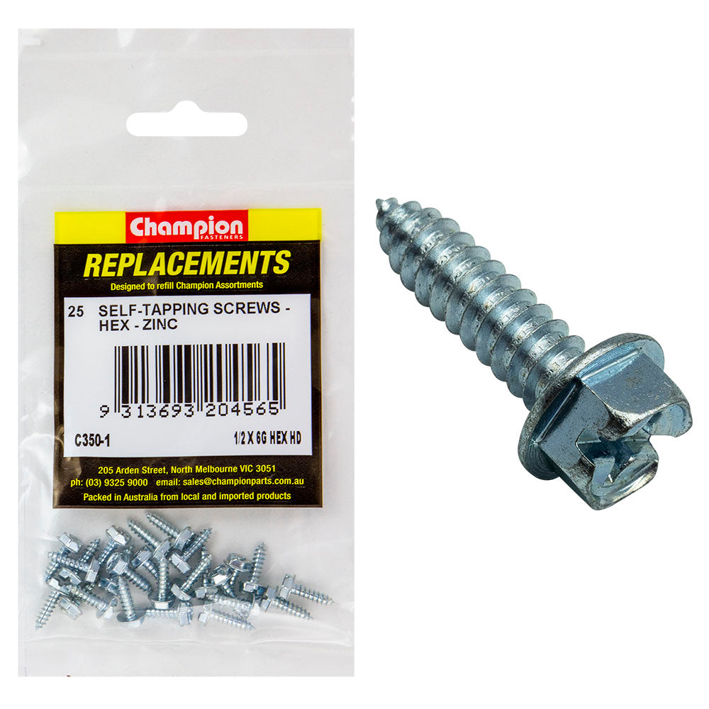 Champion 6G X 1/2In S/Tapping Screw Hex Head Phillips -25Pk