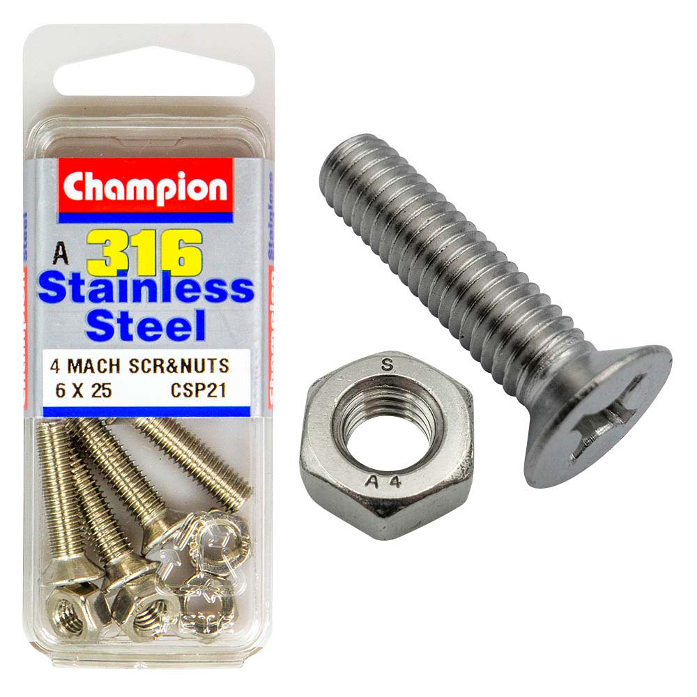 Champion 316/A4 Machine Set Screw & Nut - Csk 6 X 25 (A)