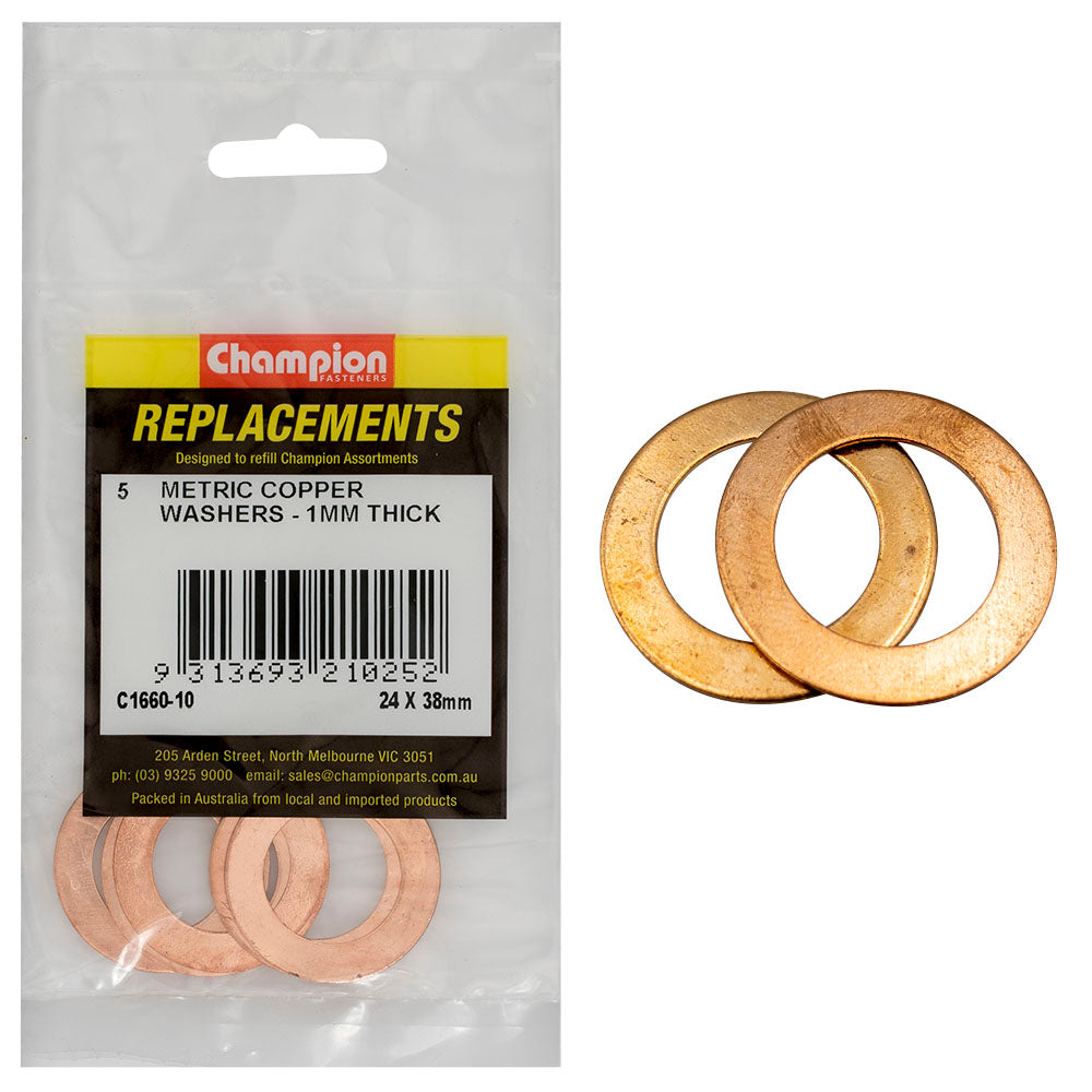 Champion M24 X 38Mm X 1.0Mm Copper Washer -5Pk