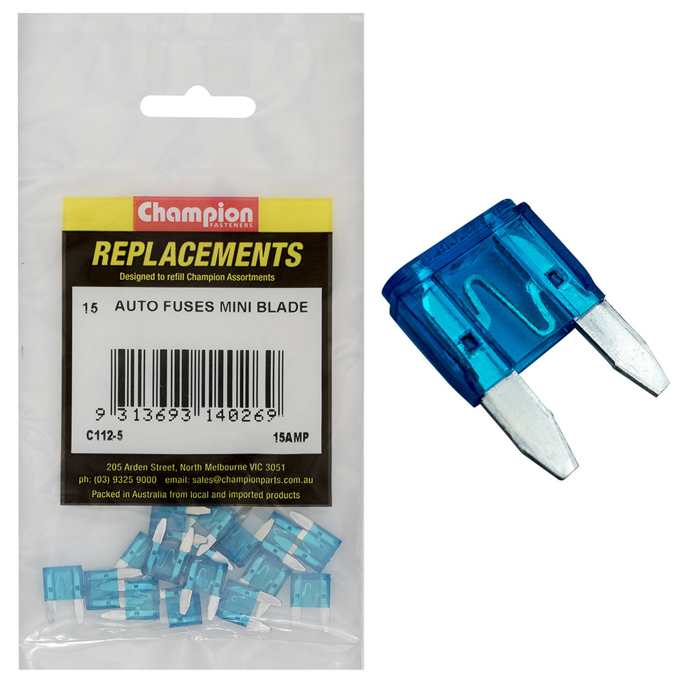 Champion 15Amp Mini Blade Fuse (Blue) -15Pk