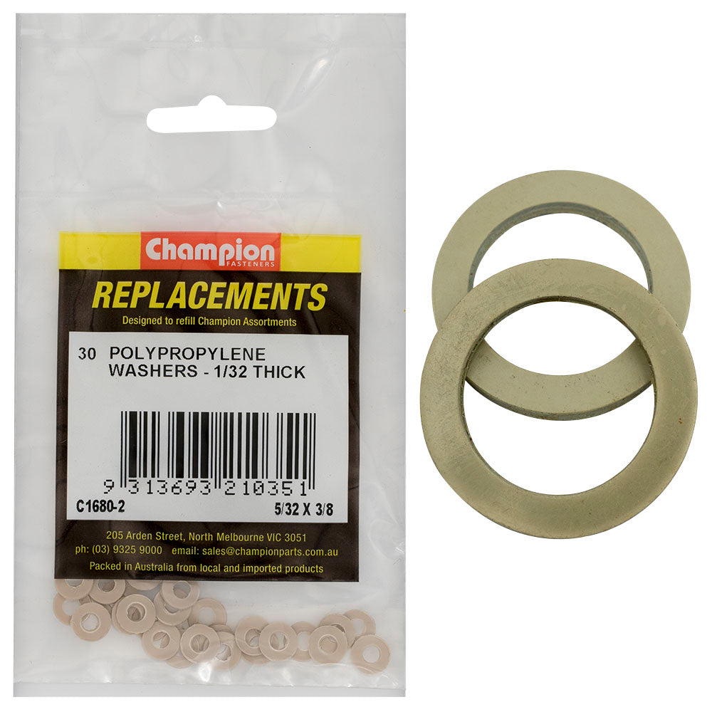 Champion 5/32In X 3/8In X 1/32In Polypropylene Washer -30Pk