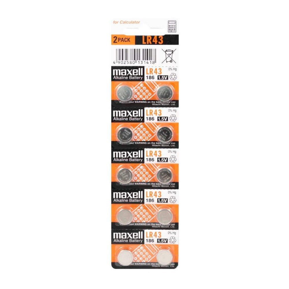 Maxell Alkaline Battery Lr43 10 Pack 1.5V Retail Packaging