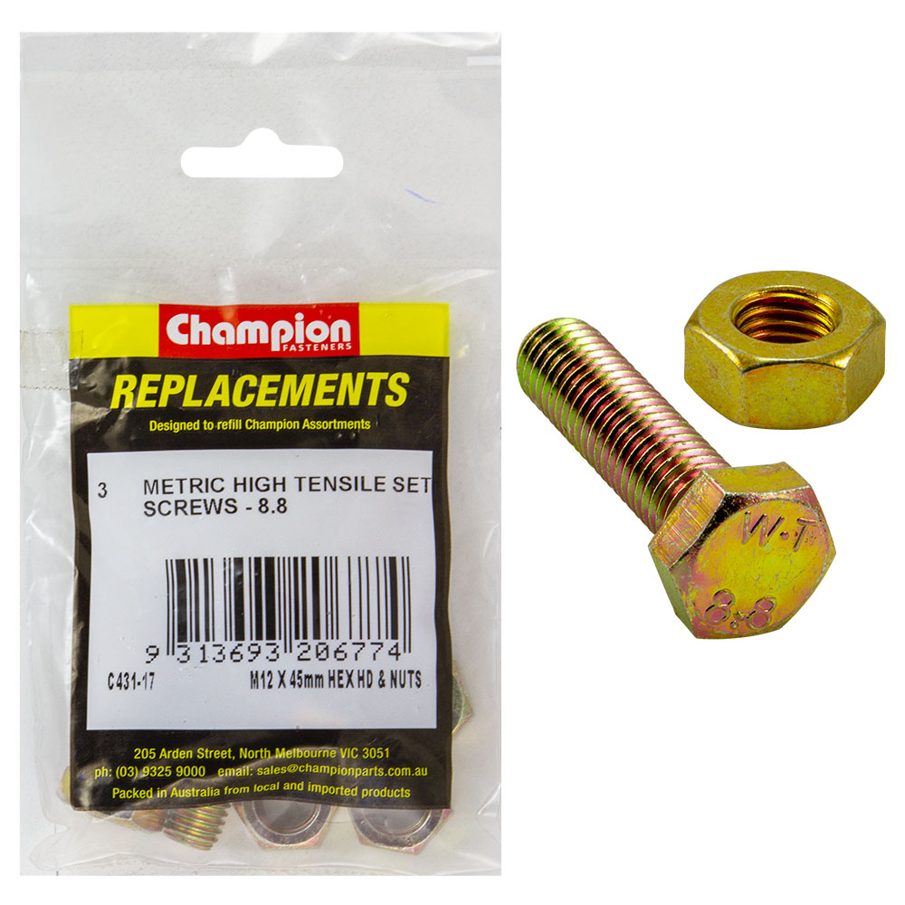 Champion M12 X 45Mm X 1.75 Set Screw W/Nut -Gr8.8 -3Pk