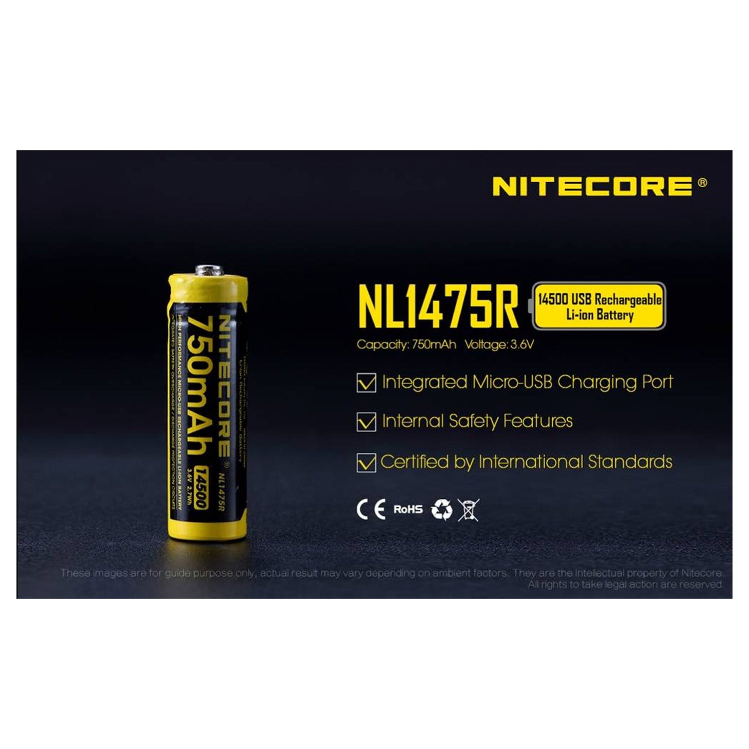 Nitecore Li-Ion Rechargeable 14500 Battery 3.7V 750Mah