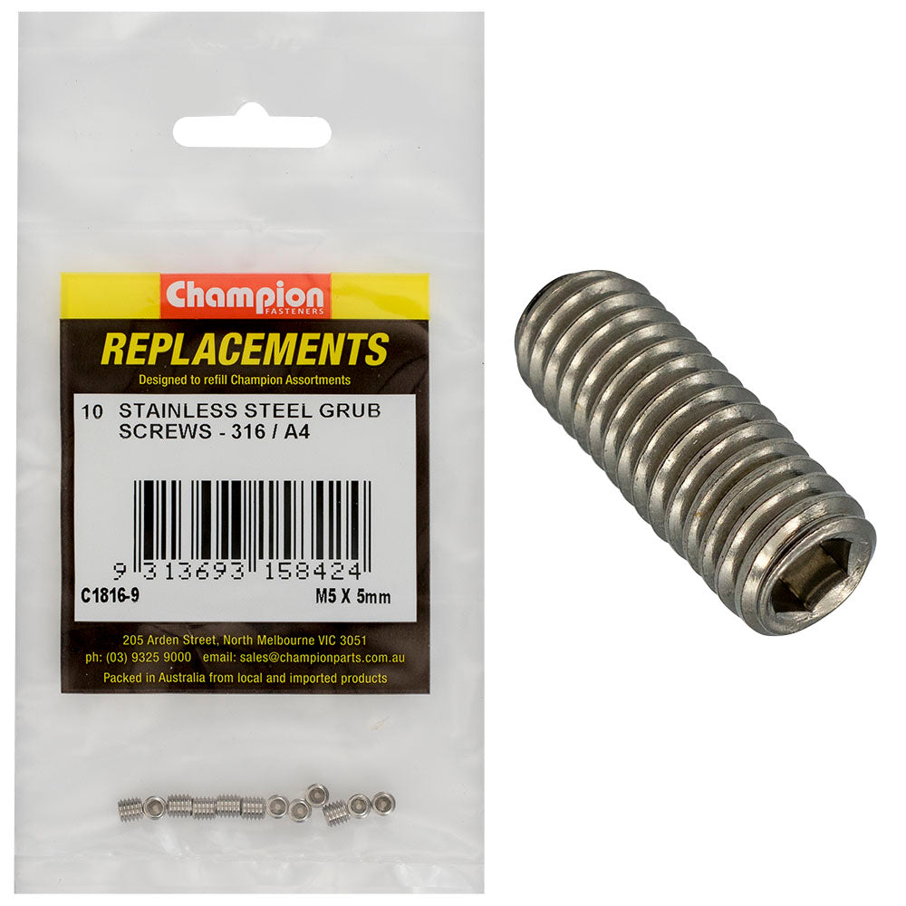 Champion M5 X 5Mm Metric Grub Screw 316/A4 -10Pk