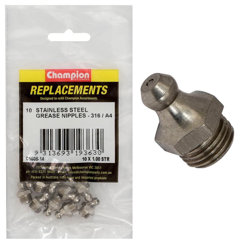 Champion Grease Nipple Stainless M10 X 1.00 Str 316/A4 -10Pk