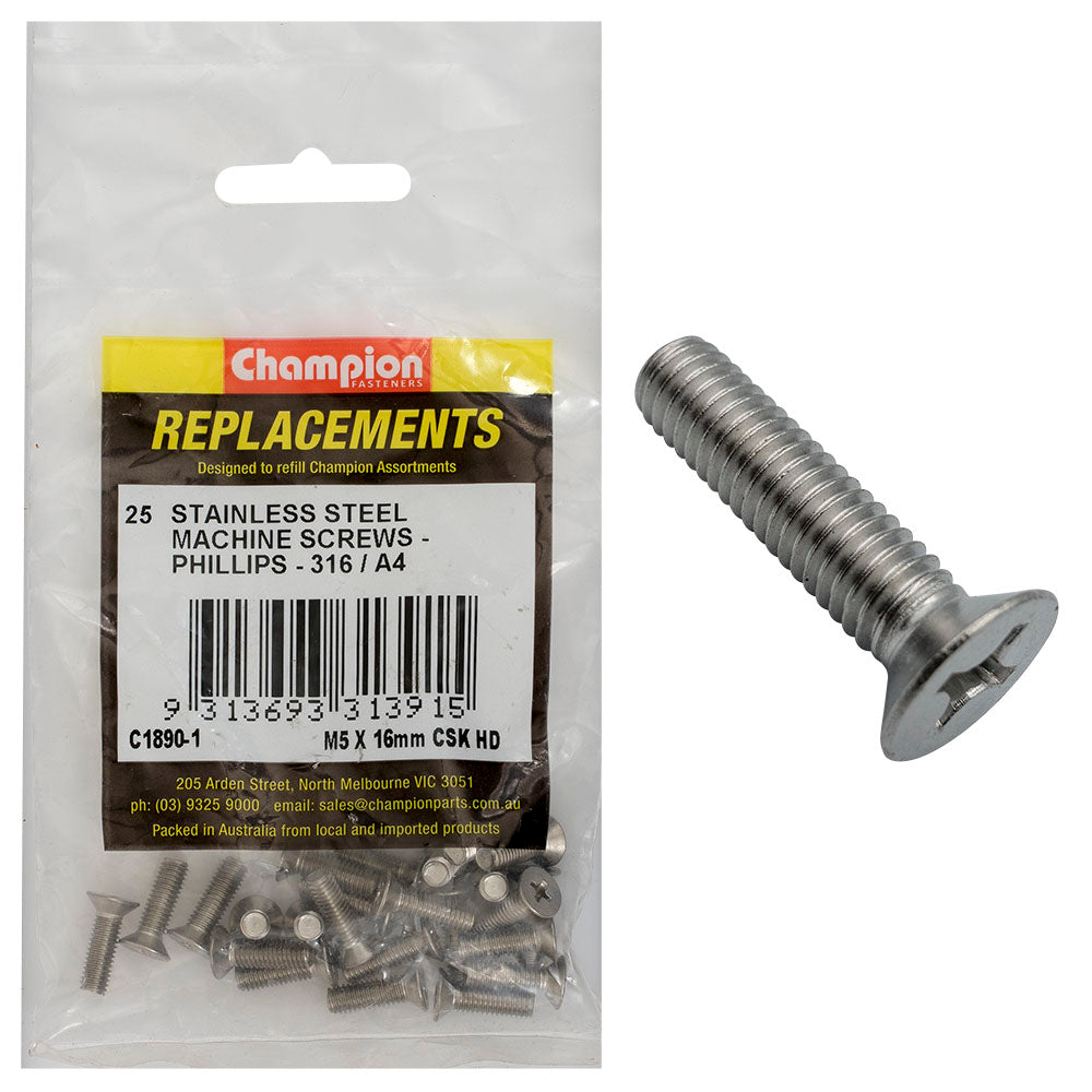 Champion M5 X 16Mm Machine Screw -Csk -Ph -316/A4 -25Pk