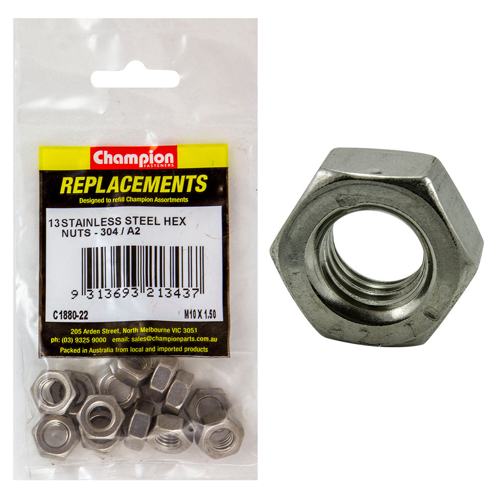 Champion M10 X 1.5 Stainless Hex Nut 304/A2 -13Pk