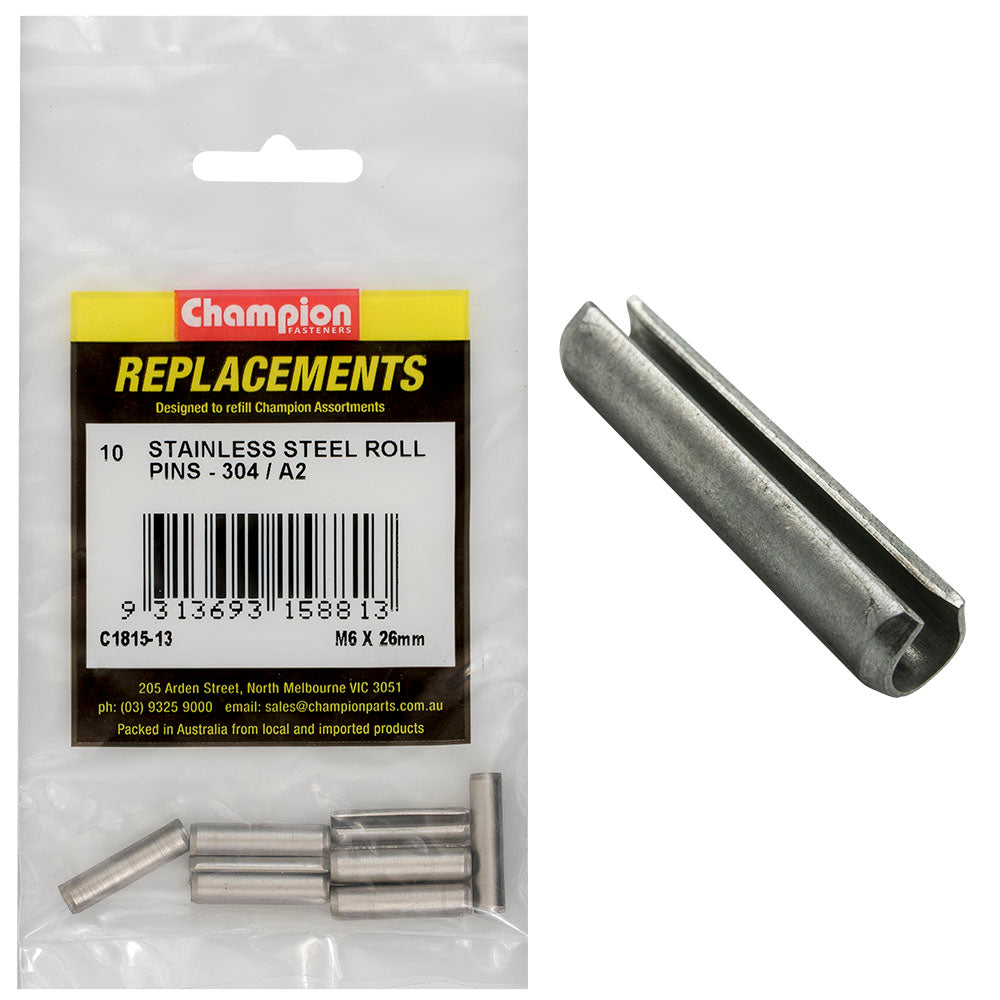 Champion 6Mm X 26Mm Stainless Roll Pin 304/A2 -10Pk