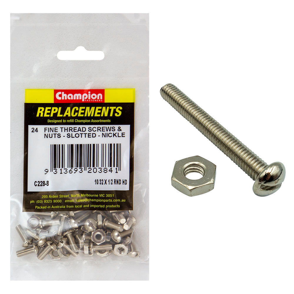 Champion 10/32 X 1/2In Unf Rnd Hd Machine Screw & Nut - 24Pk