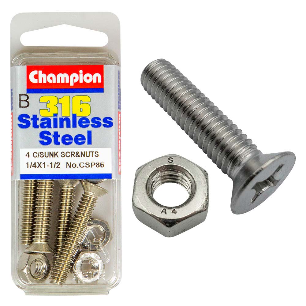 Champion 1/4In X 1-1/2In Unc Csk Set Screw 316/A4 (C)