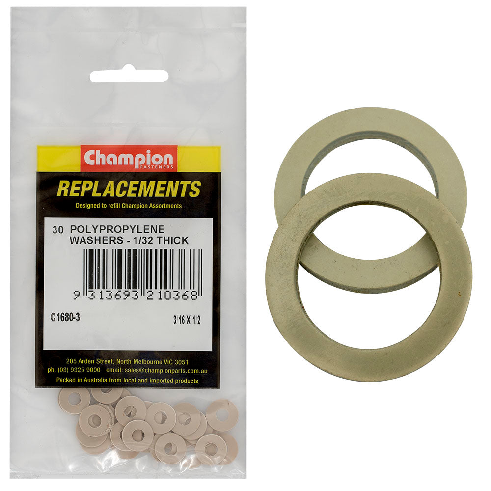 Champion 3/16In X 1/2In X 1/32In Polypropylene Washer -30Pk