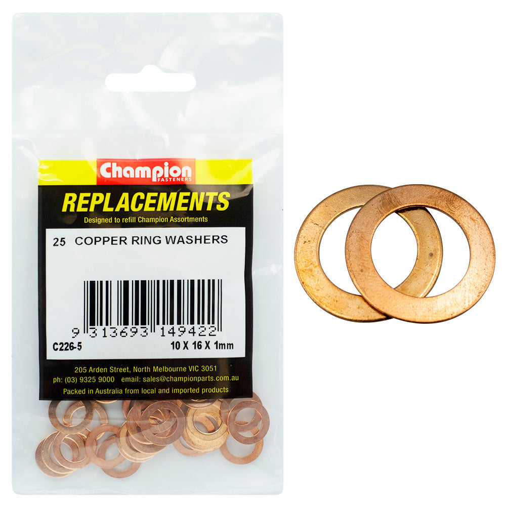 Champion M10 X 16Mm X 1.0Mm Copper Ring Washer -25Pk