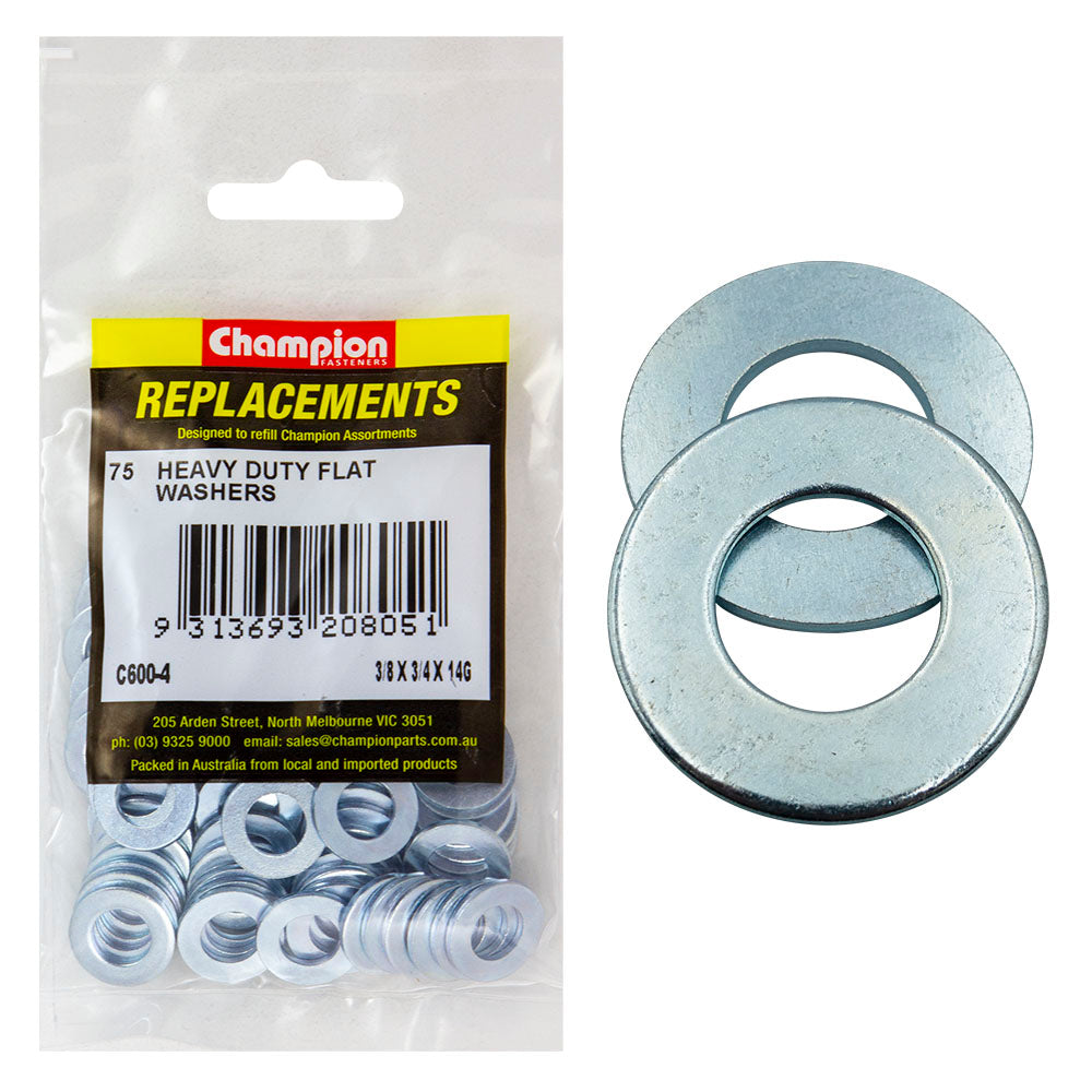 Champion 3/8In X 3/4In X 14G H/Duty Flat Steel Washer -75Pk