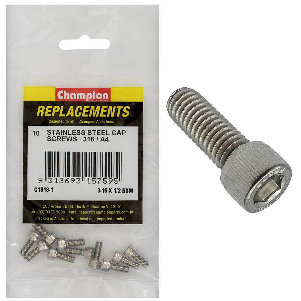 Champion 3/16In X 1/2In Bsw Socket Cap Screw 316/A4 -10Pk