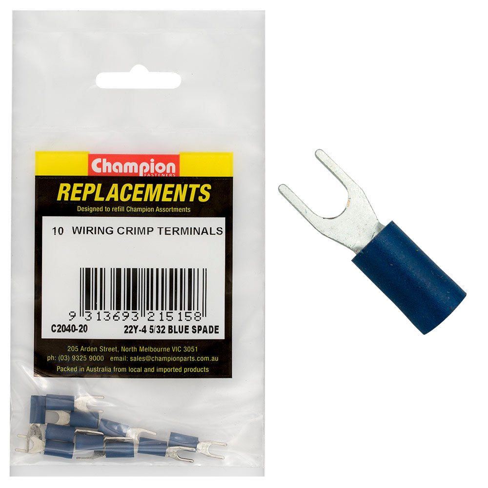 Champion 5/32In / 4Mm Blue Spade Terminal -10Pk