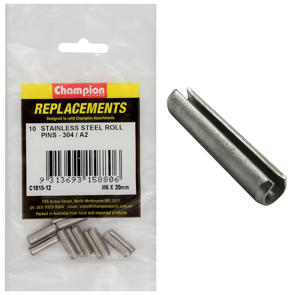 Champion 6Mm X 20Mm Stainless Roll Pin 304/A2 -10Pk