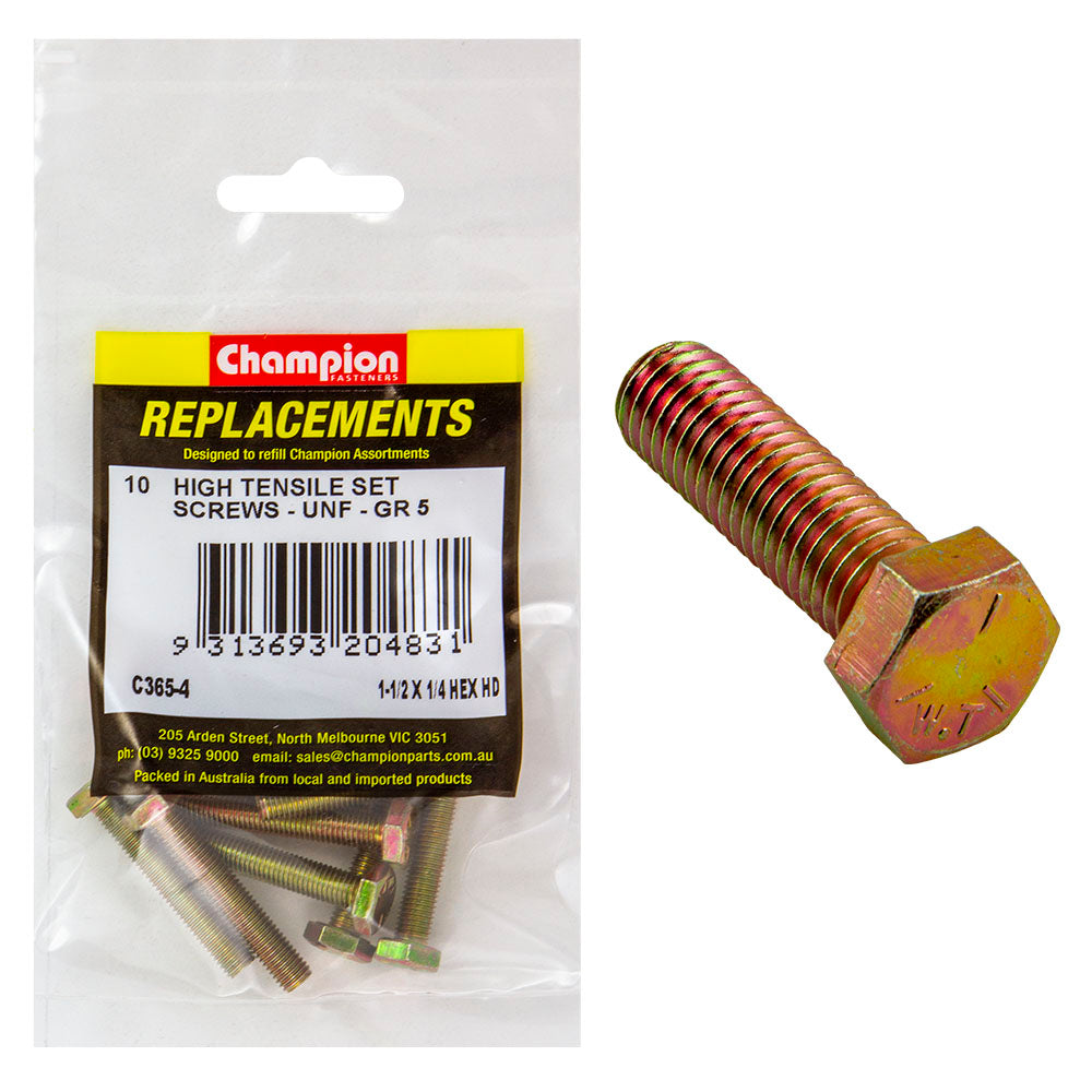 Champion 1/4In X 1-1/2In Unf Set Screw -Gr5 -10Pk