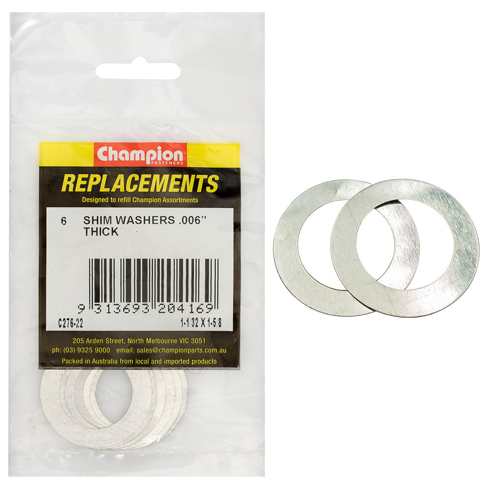 Champion 1-1/32In X 1-5/8In X 0.006In Shim Washer -6Pk