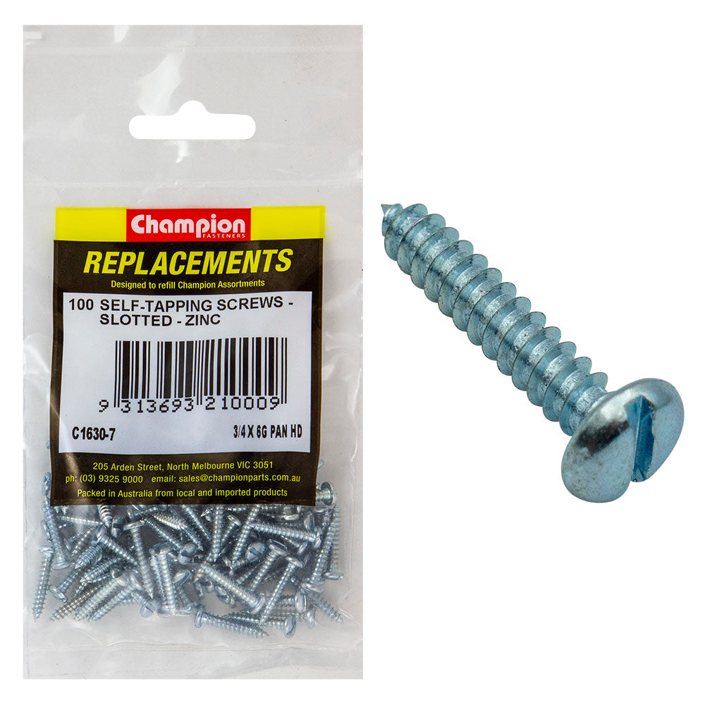 Champion 6G X 3/4In S/Tapping Screw Pan Head Slot -100Pk