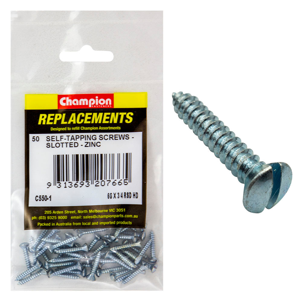 Champion 6G X 3/4In S/Tapping Screw Raised Head Slotted-50Pk