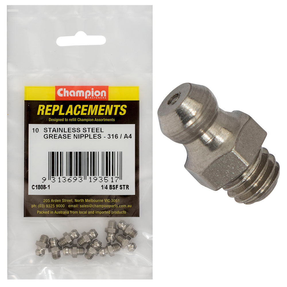 Champion Grease Nipple Stainless 1/4In Bsf Str 316/A4 -10Pk