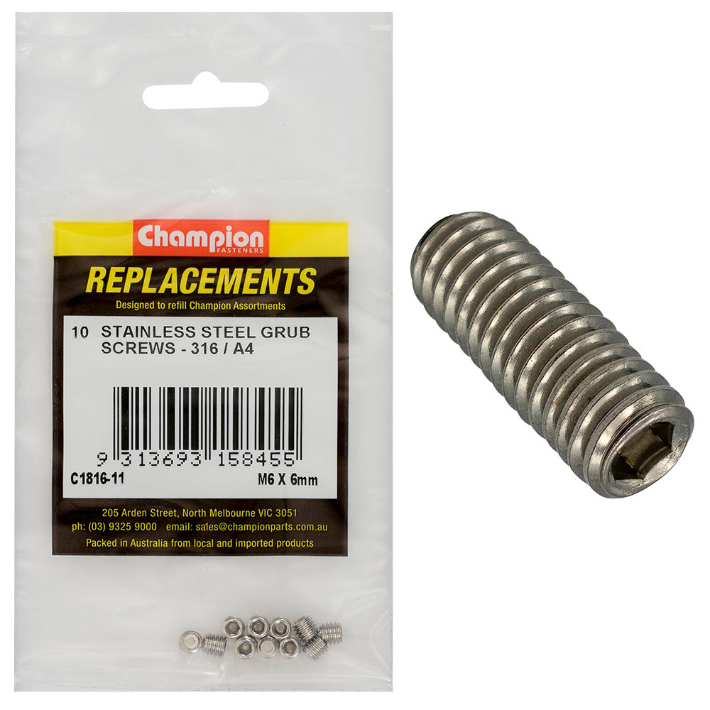 Champion M6 X 6Mm Metric Grub Screw 3167A4 -10Pk