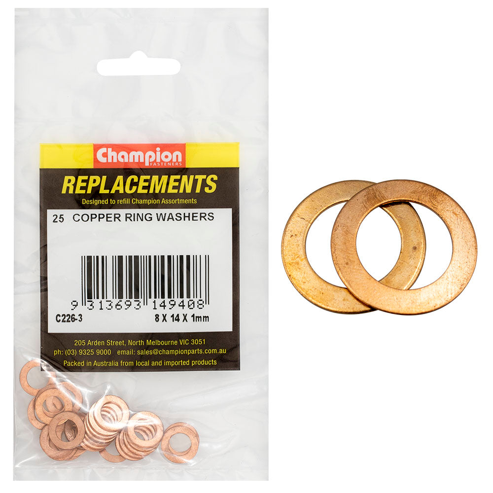 Champion M8 X 14Mm X 1.0Mm Copper Ring Washer -25Pk