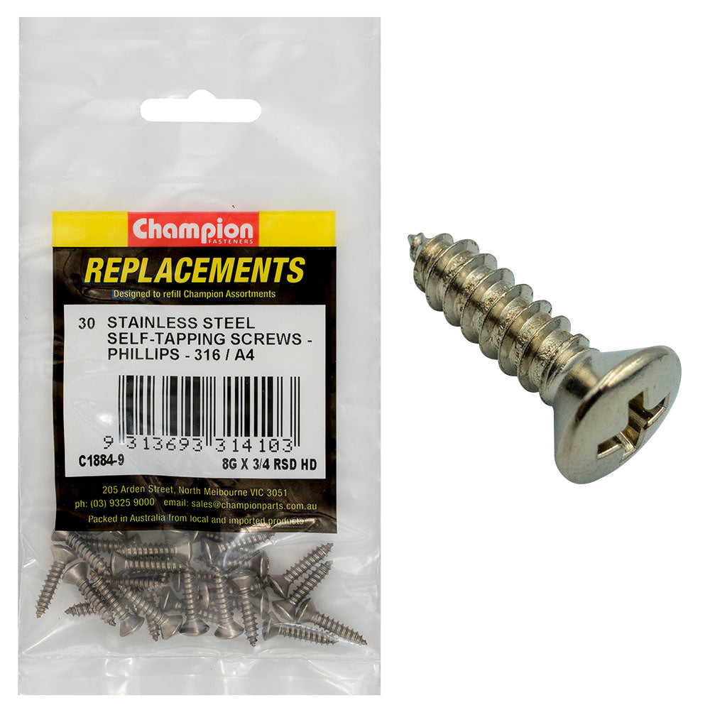 Champion 8G X 3/4In S/Tapping Screw -Rsd -Ph -316/A4 -30Pk