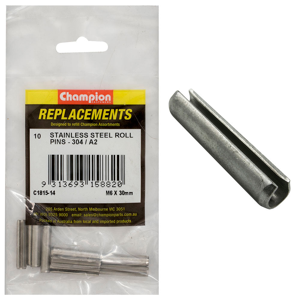 Champion 6Mm X 30Mm Stainless Roll Pin 304/A2 -10Pk