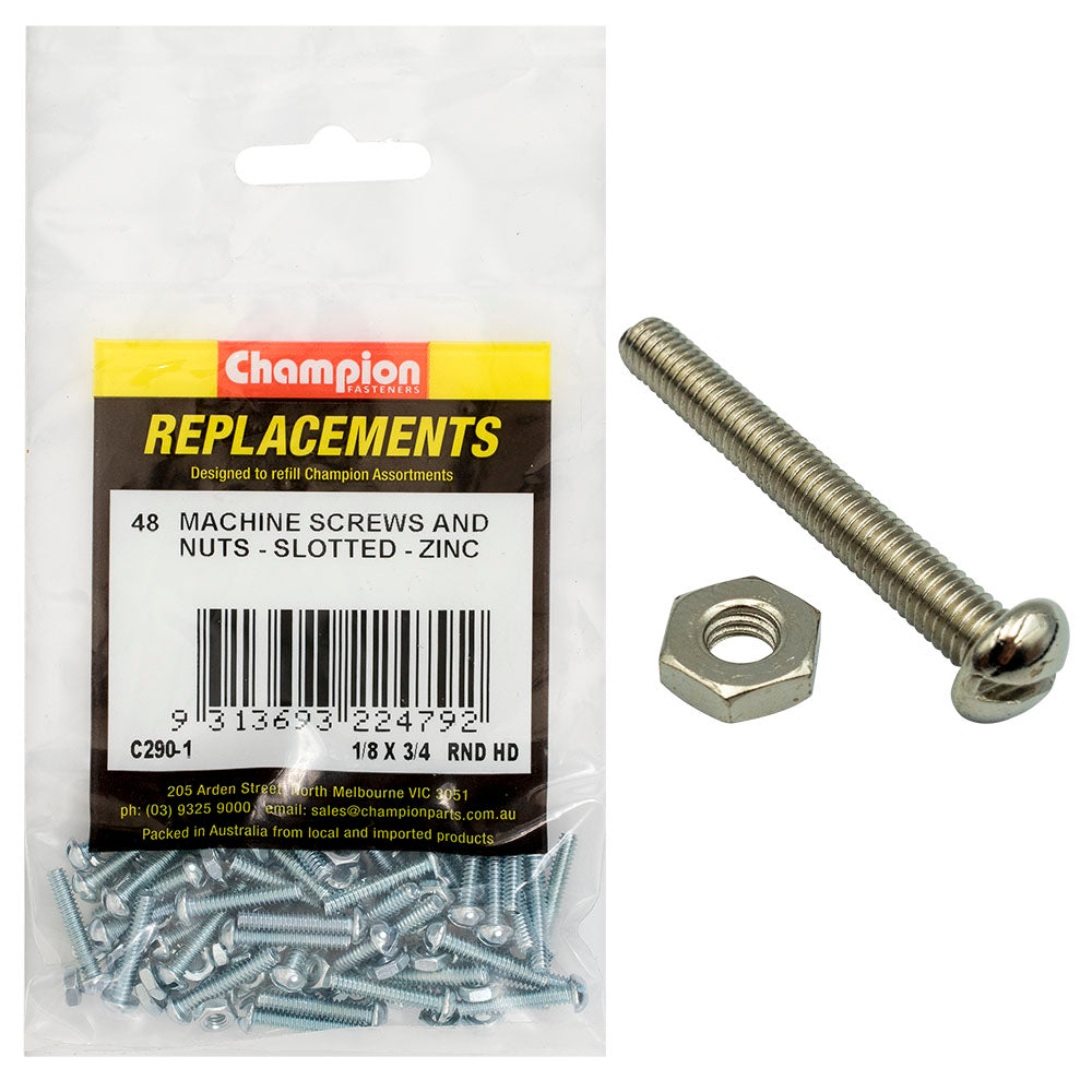 Champion 1/8 X 3/4In Bsw Rnd Head Machine Screw & Nut - 48Pk