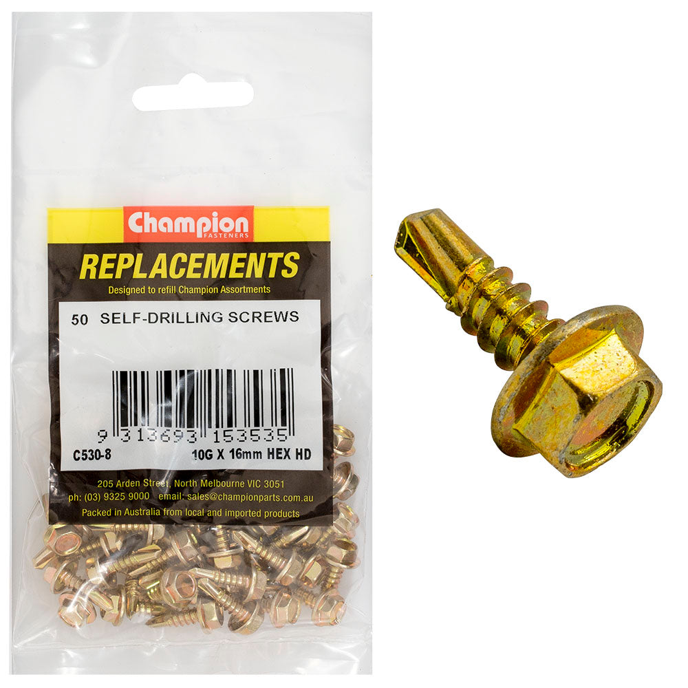 Champion 10G X 16Mm Hex Head S/Drilling Screw Ph -50Pk