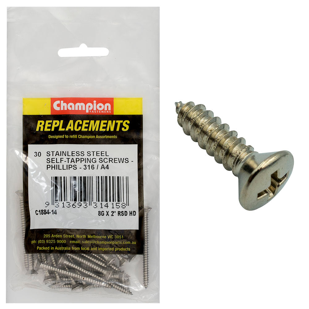 Champion 8G X 2In S/Tapping Screw -Rsd -Ph -316/A4 -30Pk