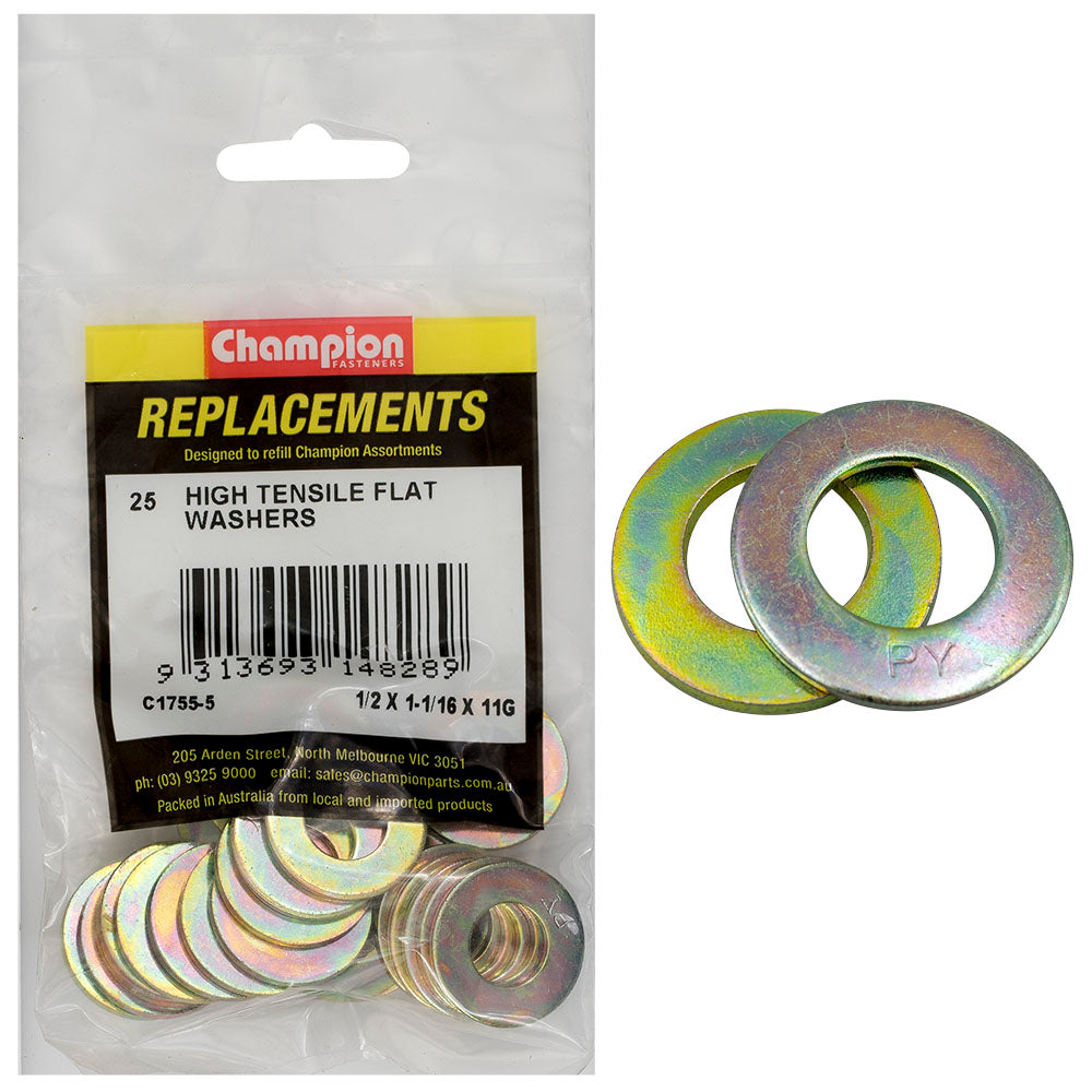 Champion 1/2 X 1-1/16In X 11G Ht Flat Steel Washer (Zn)-25Pk