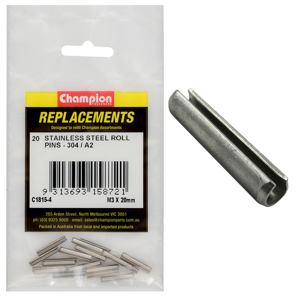 Champion 3Mm X 20Mm Stainless Roll Pin 304/A2 -20Pk