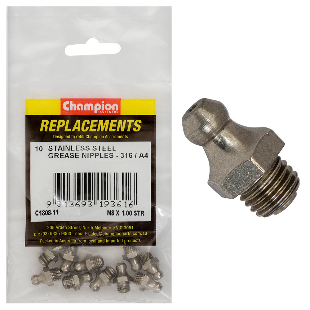 Champion Grease Nipple Stainless M8 X 1.00 Str 316/A4 -10Pk