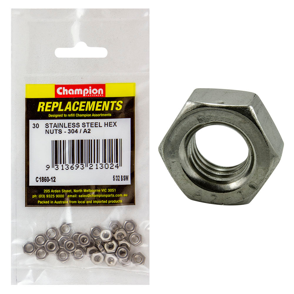 Champion 5/32In Bsw Stainless Hex Nut 304/A2 -30Pk